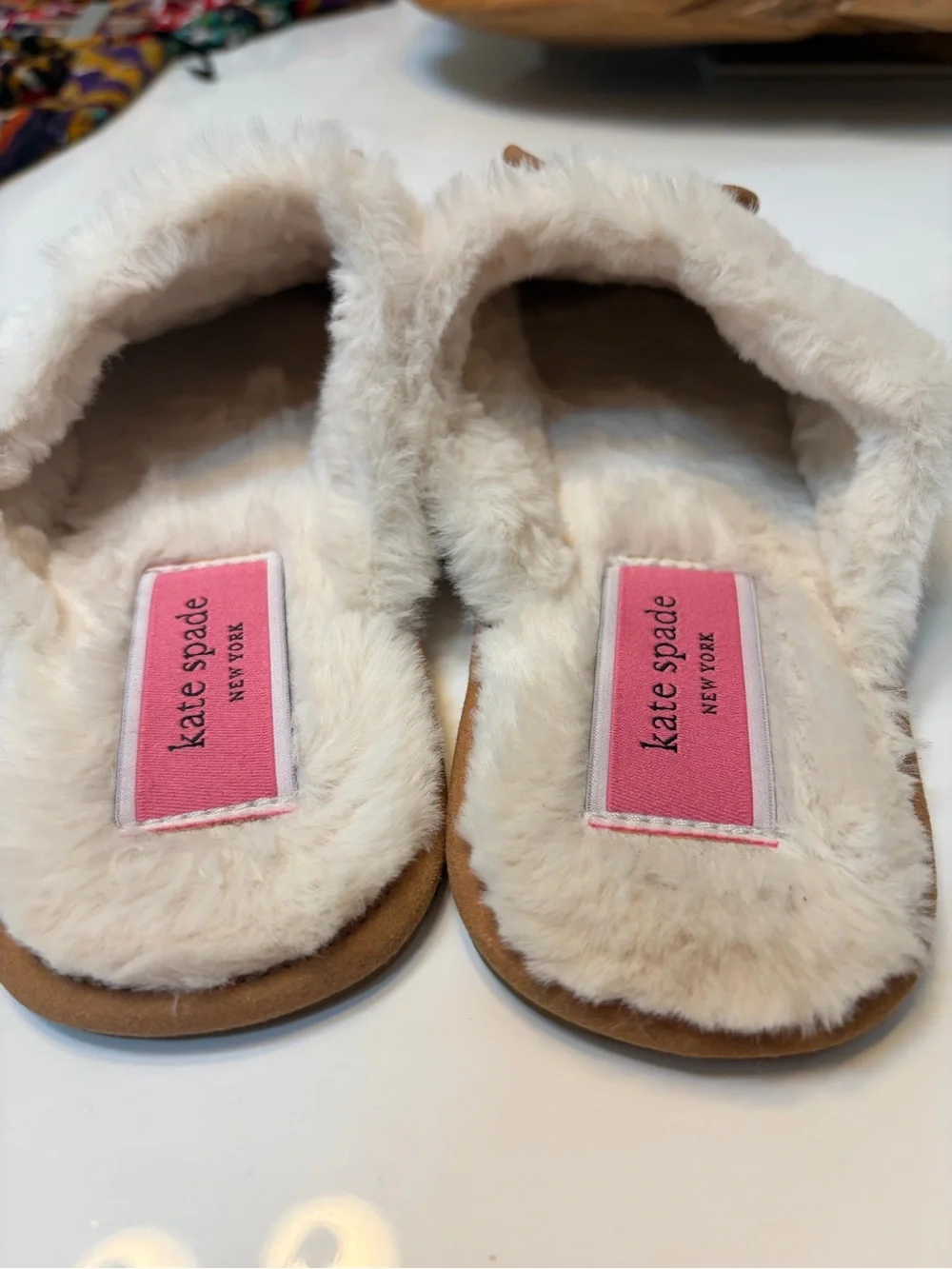 #791 kate spade Camel Faux-Suede Faux-Fur Mule Slippers. NWT
